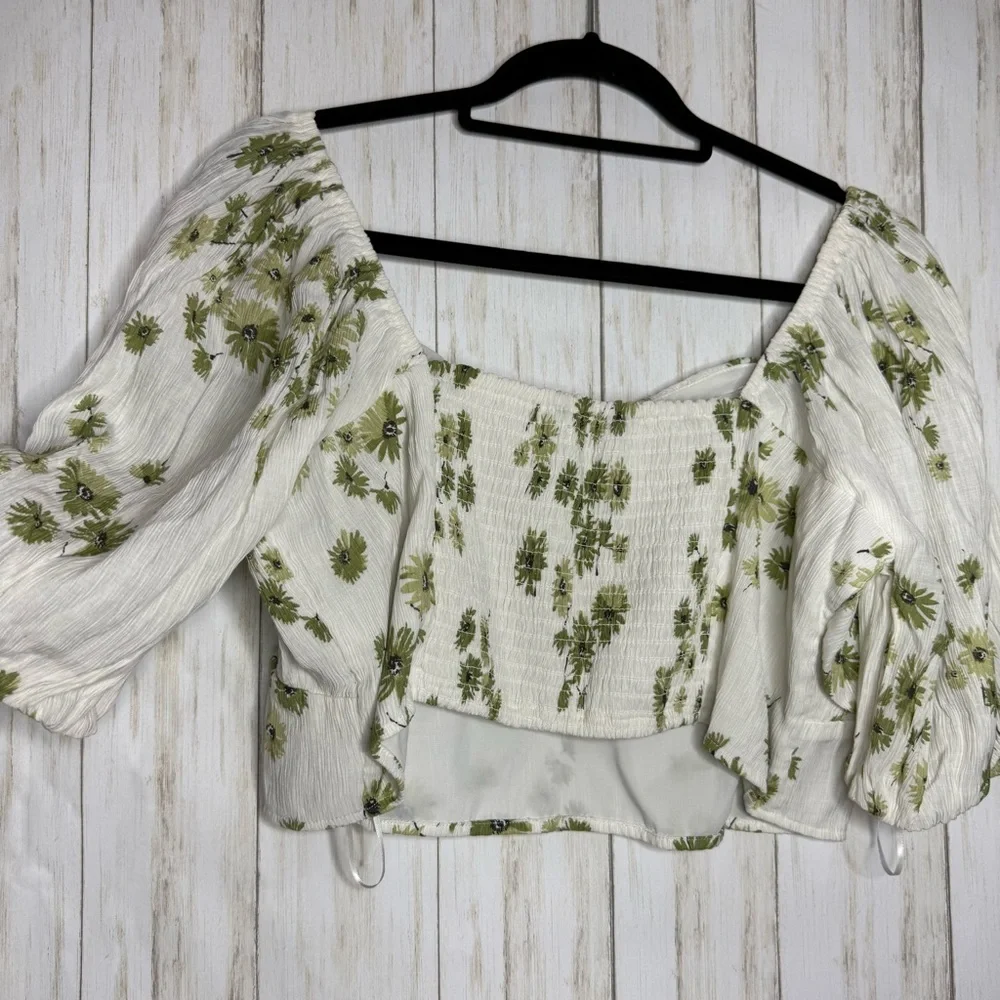 Abercrombie & Fitch Cream Floral Puff-Sleeve Crop Top XL